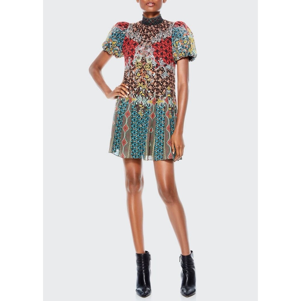 Alice + Olivia Janis Mixed Print Puff Sleeve Mini Dress
